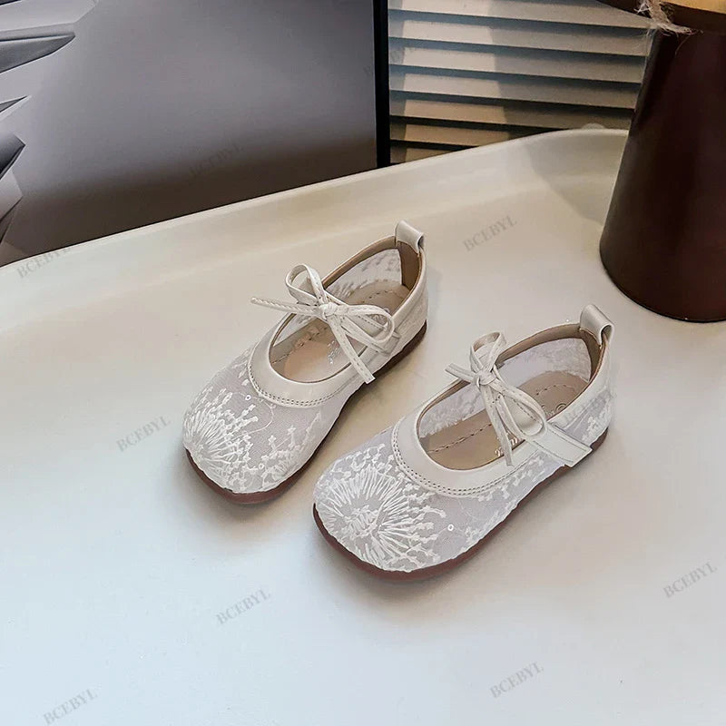 Hot Sale Princess Summer Fashion Bow Embroidery Cute Breathable Baby Girls Lightweight Ballet Flats School Kids Walking Shoes