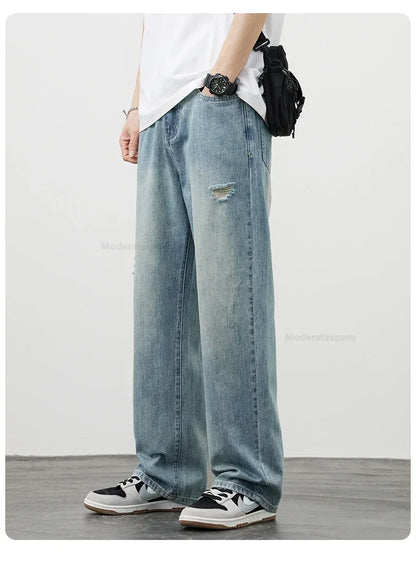 Korea Baggy Cargo Jeans Men Vintage Straight Ripped Y2k Pants Fashion Frayed High Street Distressed Denim Trousers Male Clothes