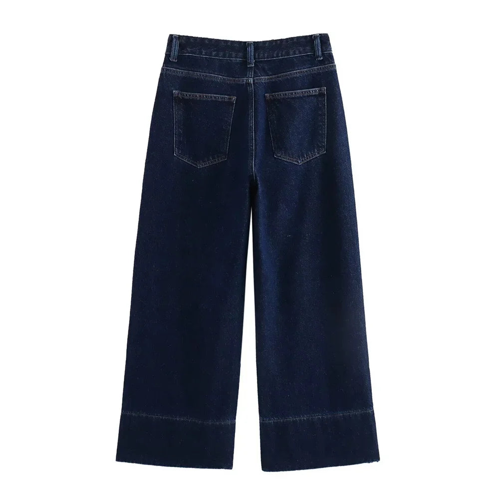 Calça Jeans Feminina de Cintura Alta com Perna Larga, Lisa, Versátil e Solta, Nova Coleção de Verão