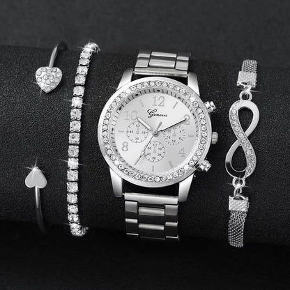 Women's Watch Fashion Rhinestone Arabic Dial Steel Band Quartz Watches Bracelets Set