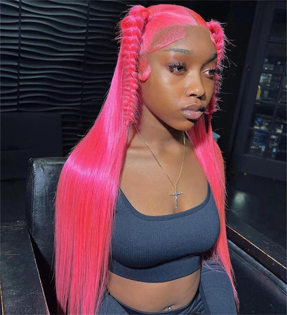 30 36 inch Hot Pink Transparent Lace Front Wig Human Hair 13x6 Lace Frontal Wigs For Women Long Straight Colored Human Hair Wigs