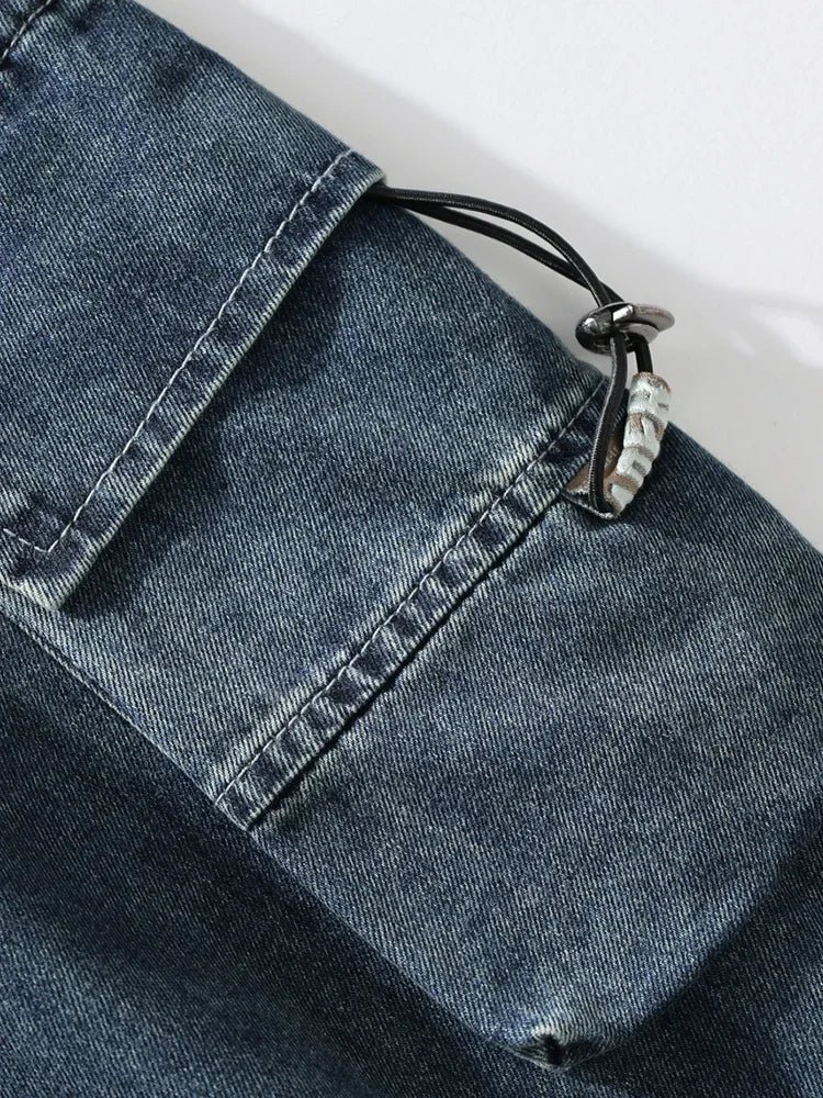 Summer Men's Straight Jeans Multi-Pockets Wide Leg Denim Cargo Pants 8XL 7XL 6XL Big Size Lightweight Baggy Solid Jeans Trousers