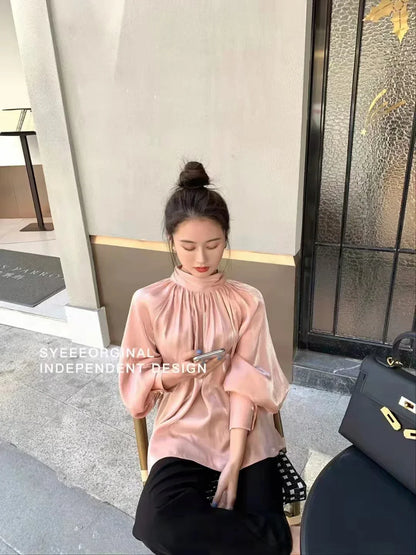 Women's Satin Blouses Stylish Big Bow Shirts 2023 Spring Autumn New Fashion Korean Edition Casual Puff Sleeve Female Solid Top