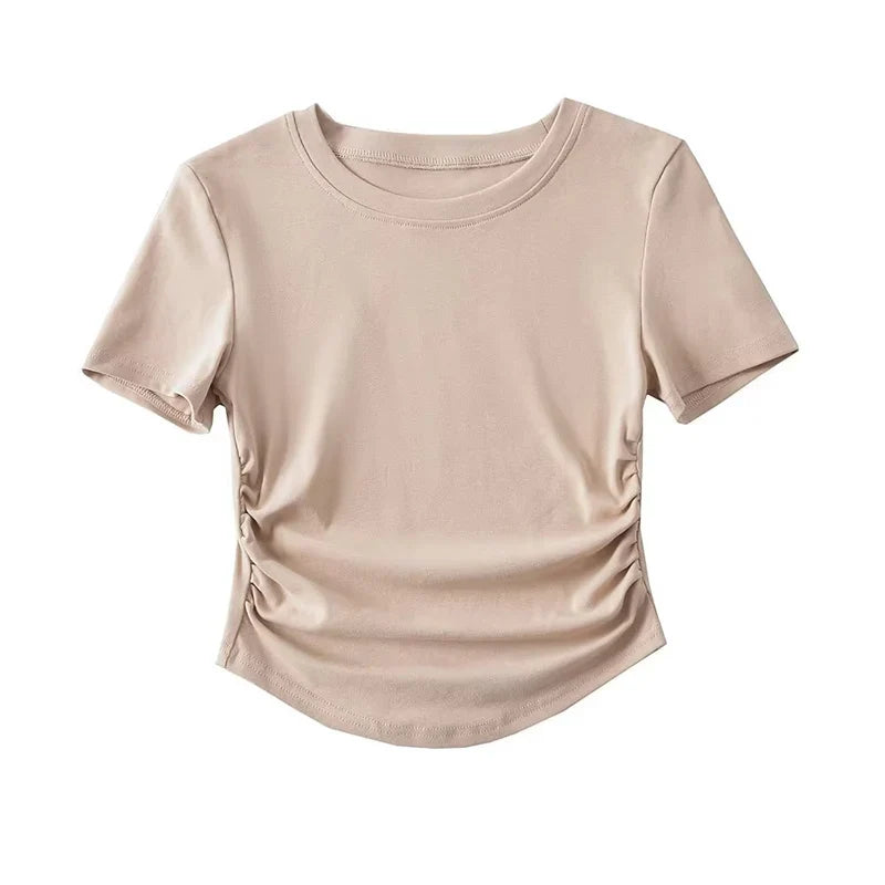 Harajuku Women Crew Neck Short Sleeve Cotton Tee With Ruched Sides Detail T-shirts