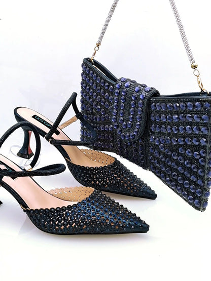 Navy Blue New Design Envelope Matching Shoulder Bag & High Heels Set Nigerian Fashion Ladies Party Daily Commute Shoes Bag