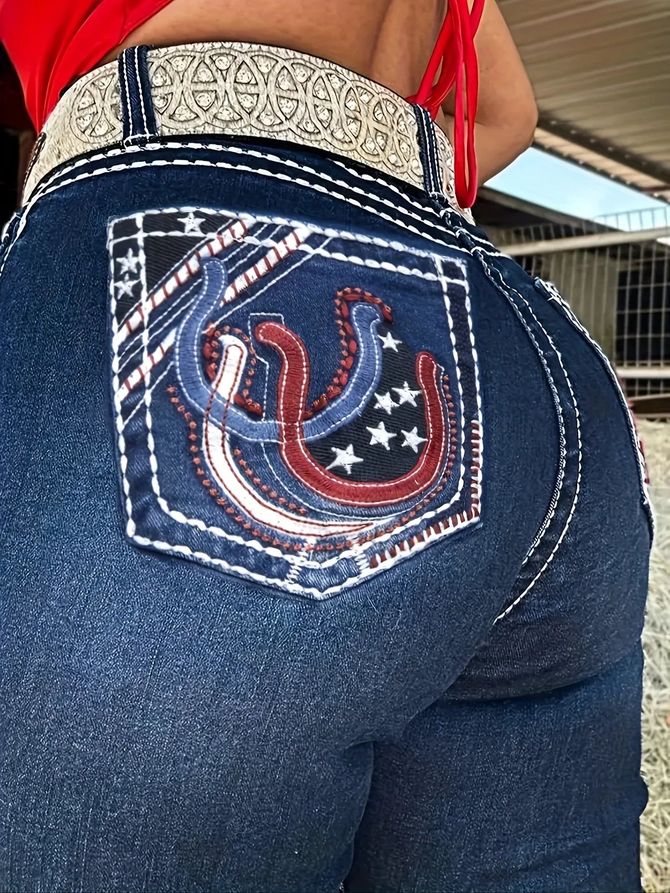 2025 women's new denim horn elastic embroidery retro slim fit elastic mid waist comfortable pants