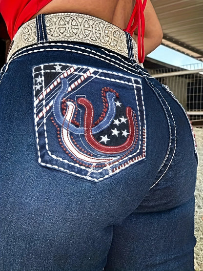 2025 women's new denim horn elastic embroidery retro slim fit elastic mid waist comfortable pants