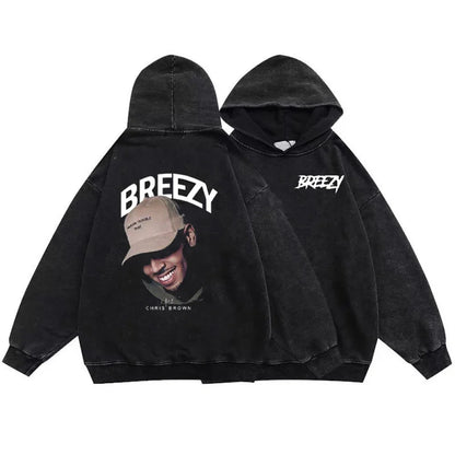 Chris Brown Vintage Washed Hoodies Hip Hop Streetwear Print Hoodie Y2k Retro Sweater Under The Influence Tour Breezy Sweatshirts
