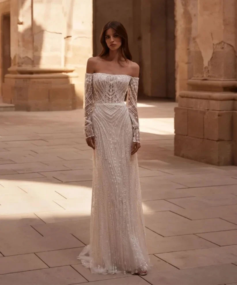 Luxury Pearls Wedding Dress Off Shoulder Bridal Gown Detachable Train Sequins Bride Dresses Backless Customized Vestido de novia