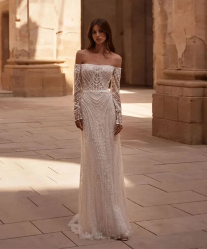 Luxury Pearls Wedding Dress Off Shoulder Bridal Gown Detachable Train Sequins Bride Dresses Backless Customized Vestido de novia