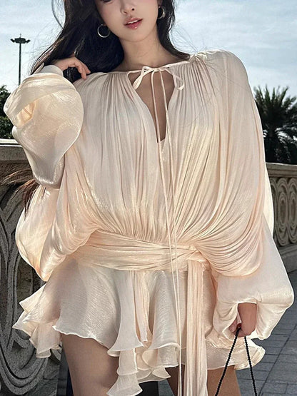 Solid Loose Splicd Lace Up Dresses For Women V Neck Long Sleeves Patchwork Ruffles Tunic Dreses Female Fashio New