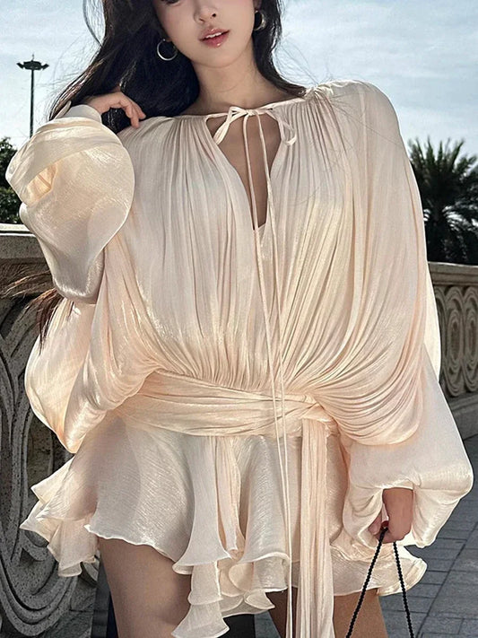 Solid Loose Splicd Lace Up Dresses For Women V Neck Long Sleeves Patchwork Ruffles Tunic Dreses Female Fashio New
