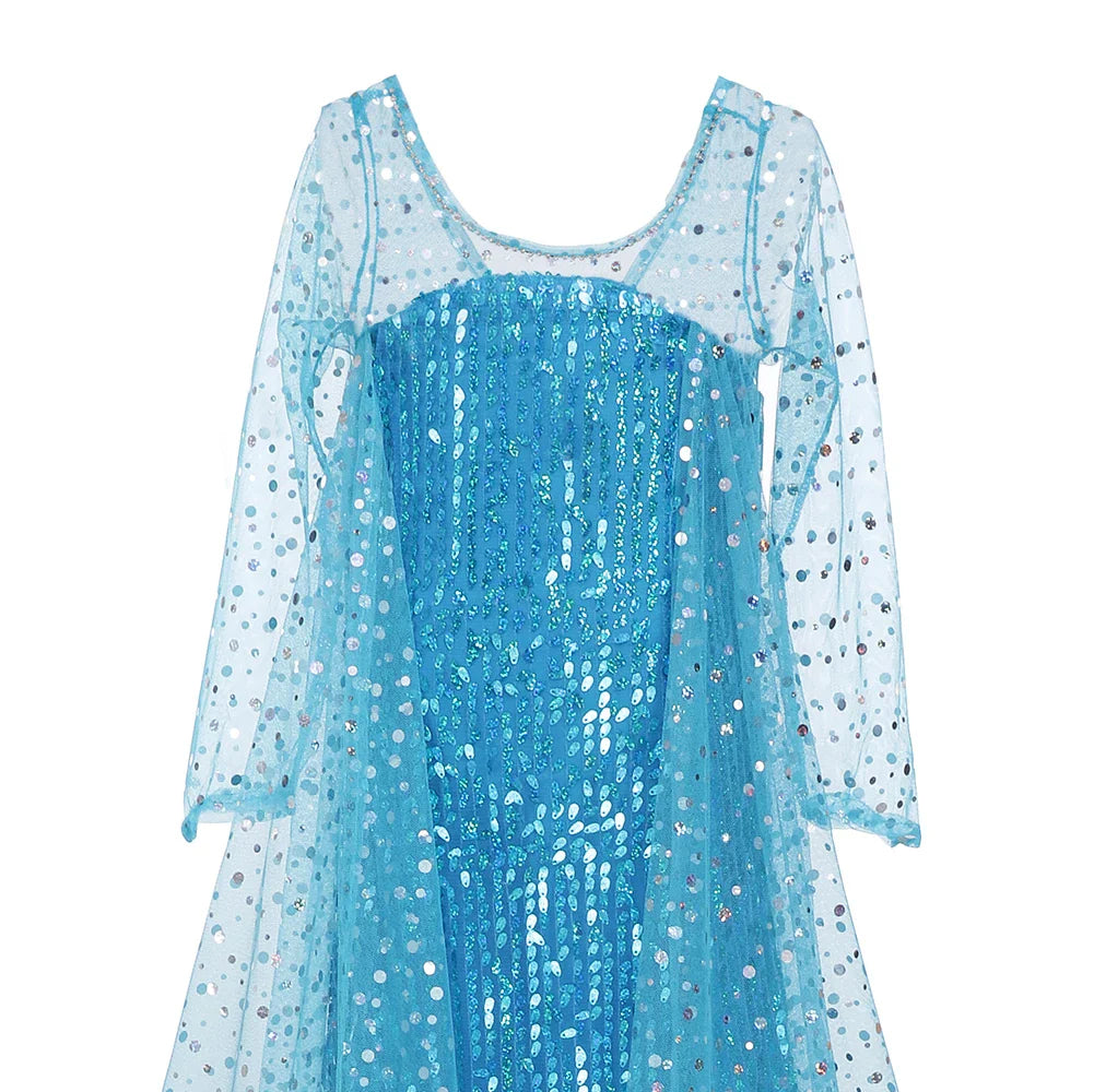 Toddler Shimmering Elsa Maxi Dress Feastured Princess Snow Queen Costume Full Bodice Sequins Embellished Christmas Party Frocks
