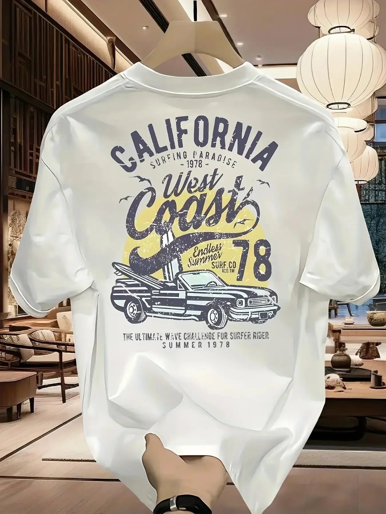 Vintage California West Coast Surfing Graphic Tee with Retro Car and Sun Print 100% Cotton Men's T-shirt Summer Casual Beachwear
