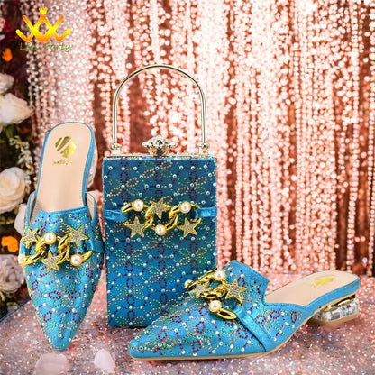 Low Heels Comfortable Sweet Style Italian Design Shoes Matching Bag Set in Orange Color High Quality with Crystal for Dress