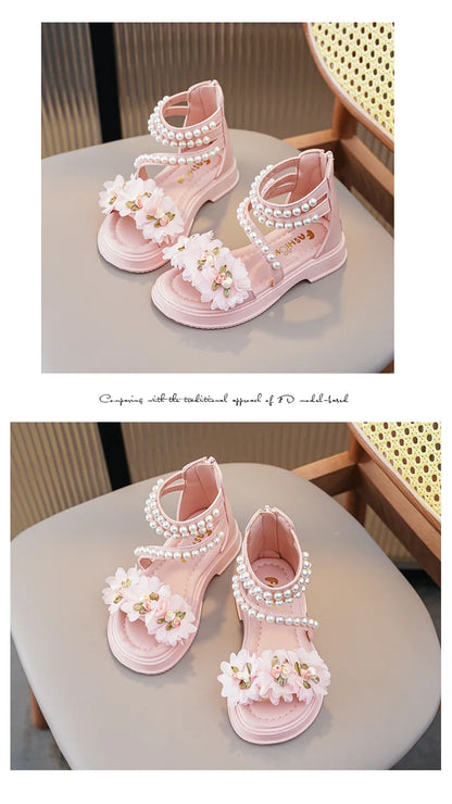 Children's Sandals Summer Bowtie Princess Shoes for Girls Fashion Sweet Kids Causal Pearl Roman Sandals Solid Color Hook Loop