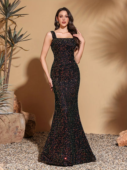 Strapless sequined hip-hugging backless dress