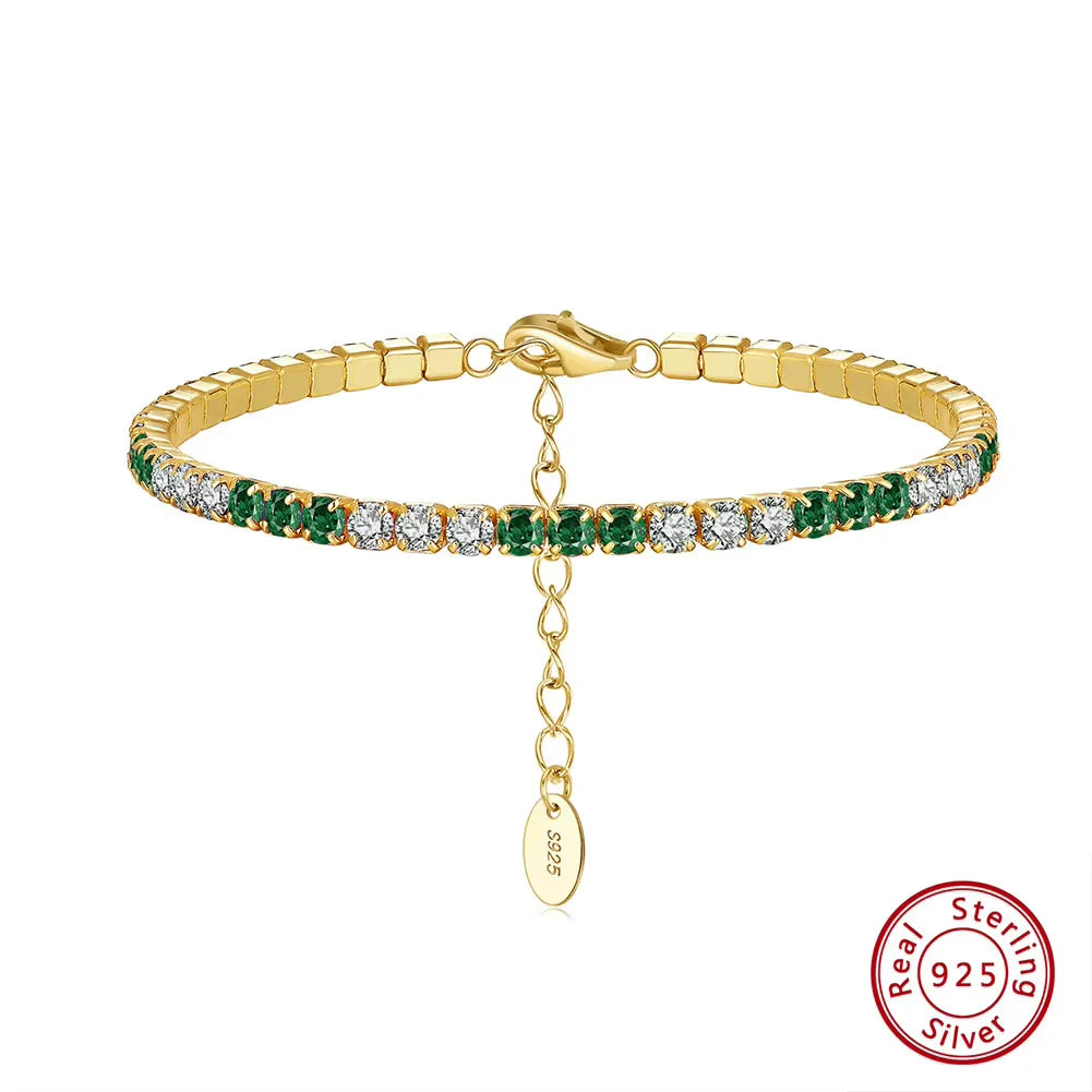 Fashion 3mm Bezel Setting Colorful 4A Cubic Zirconia Tennis 925 Sterling Silver Adjustable Bracelet for Women SB192