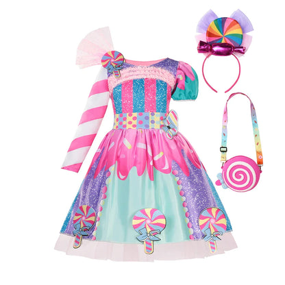 Rainbow Lollipop Girls Dress Sweet Purim Festival Celebrate Costume Fancy Carnival Children Vestidos Princess Cosplay Outfits