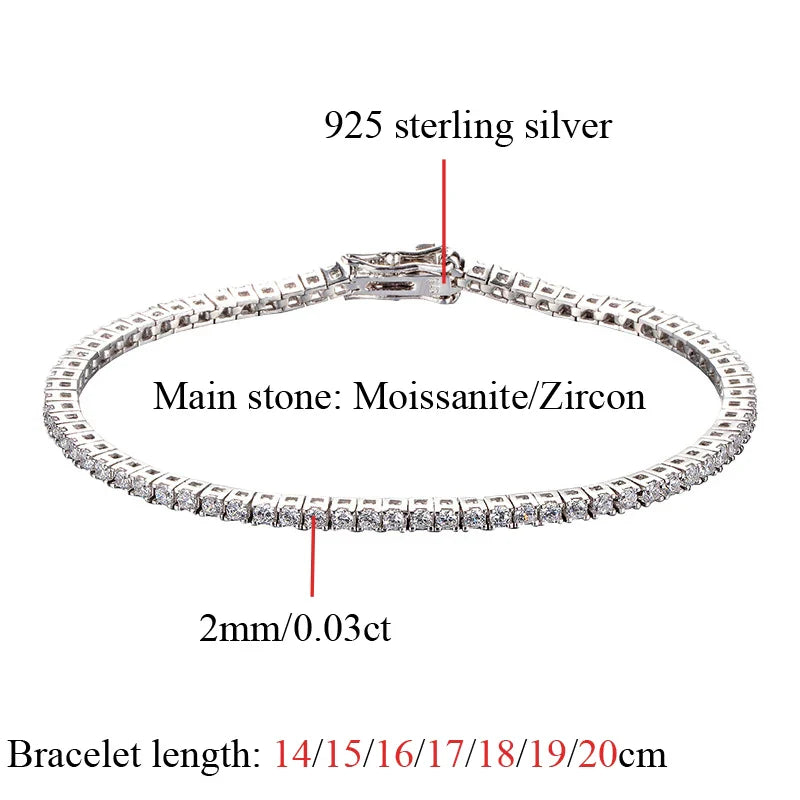 2MM 0.03 Carat Real Moissanite Women Tennis Chain Bracelet Fine Jewelry 100% 925 Sterling Silver 18K White Gold Wedding