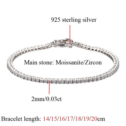 2MM 0.03 Carat Real Moissanite Women Tennis Chain Bracelet Fine Jewelry 100% 925 Sterling Silver 18K White Gold Wedding