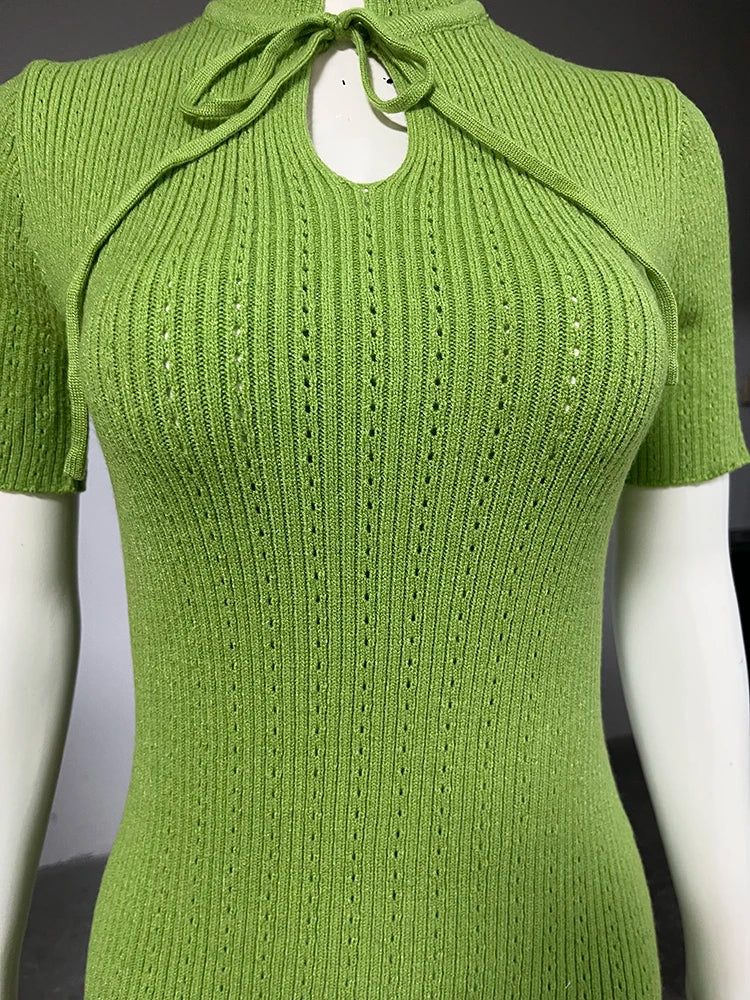 Long Dress Female Short Sleeve Slim Hollow Retro Elegant Sweater Dress 2025 Summer High Waist Woman Dress