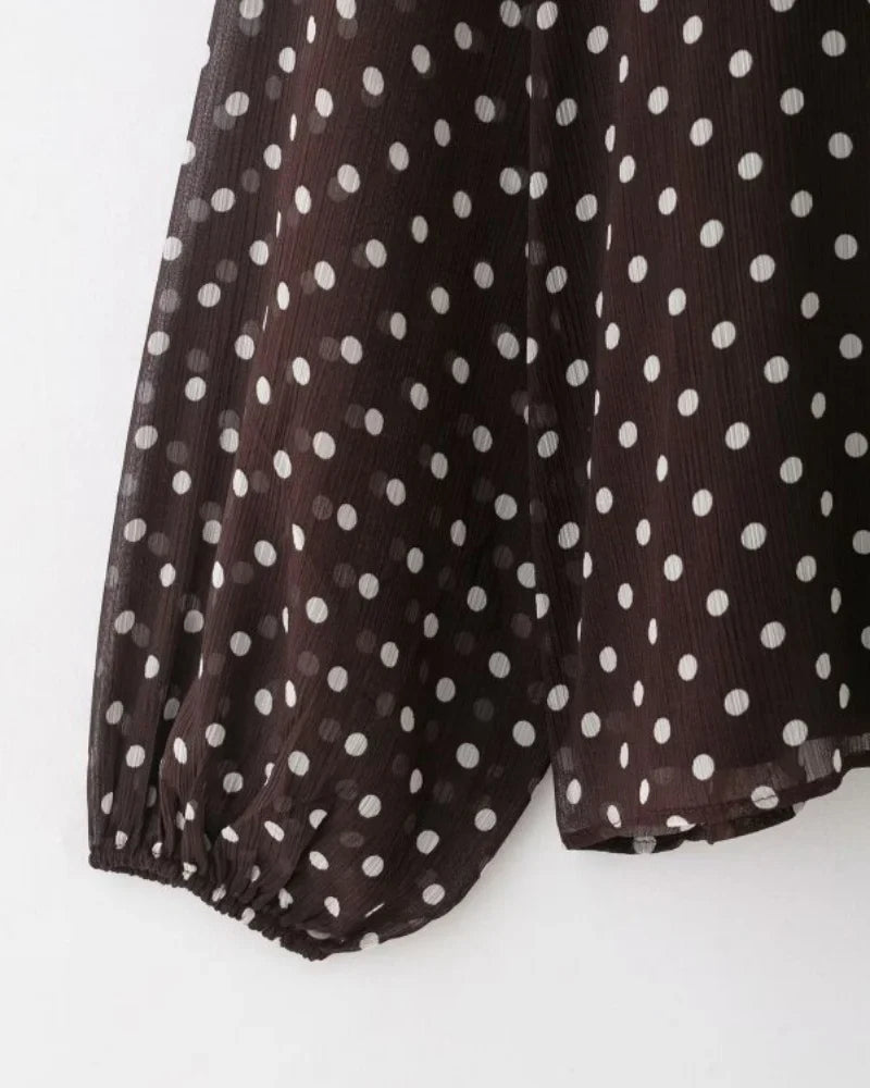 Elegant Women Polka Dot Blouse, Spring Bow Tie Lantern Sleeve Layered Neck Chiffon Shirt, Casual Daily Office Top