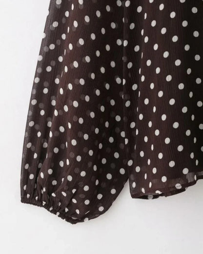 Elegant Women Polka Dot Blouse, Spring Bow Tie Lantern Sleeve Layered Neck Chiffon Shirt, Casual Daily Office Top