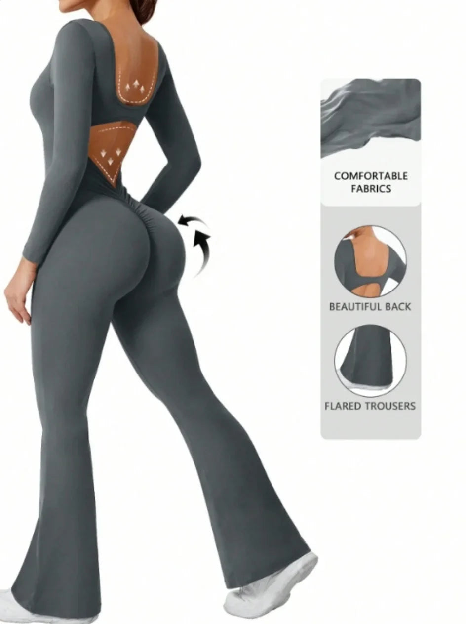 High quality solid color long sleeved compression exercise jumpsuit women's sportswear bell bottom pants sexy push up yoga set