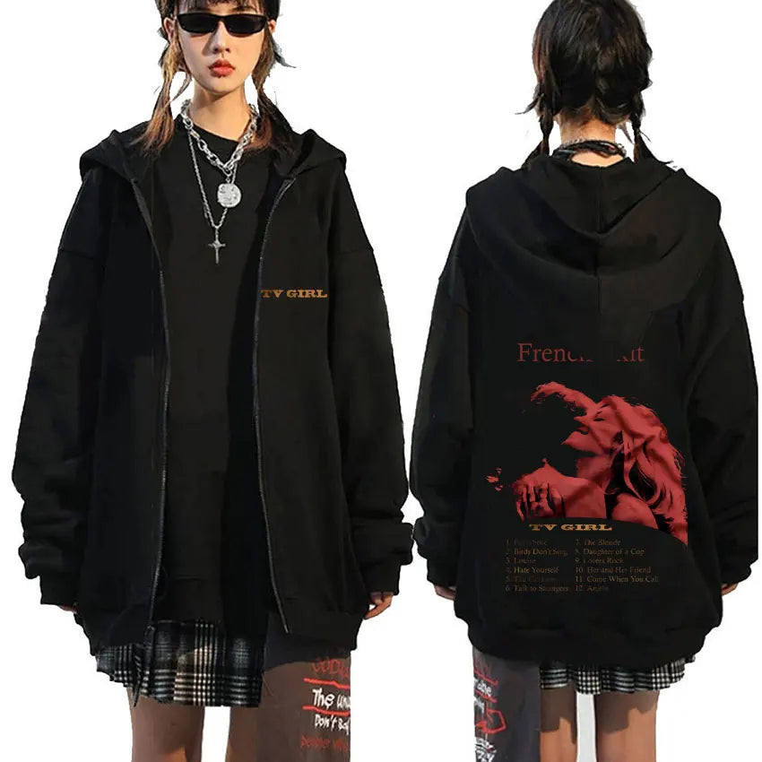 TV Girl Who Really Cares Graphic Print Zipper Hoodie Men Women Fashion Casual Oversized Zip Up Jacket Male Fleece Sweatshirts