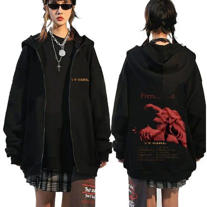 TV Girl Who Really Cares Graphic Print Zipper Hoodie Men Women Fashion Casual Oversized Zip Up Jacket Male Fleece Sweatshirts