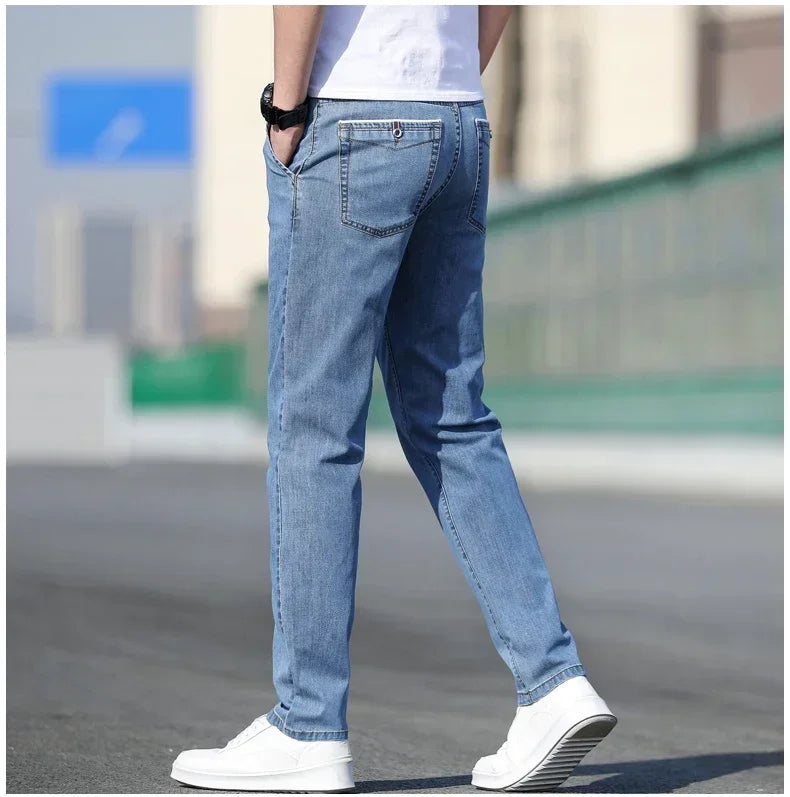 Summer New Men's Loose Stretch Gray Jeans Fashion Casual Stretch Straight-leg Denim Pants Male Light Blue Brand