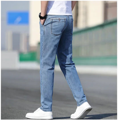 Summer New Men's Loose Stretch Gray Jeans Fashion Casual Stretch Straight-leg Denim Pants Male Light Blue Brand