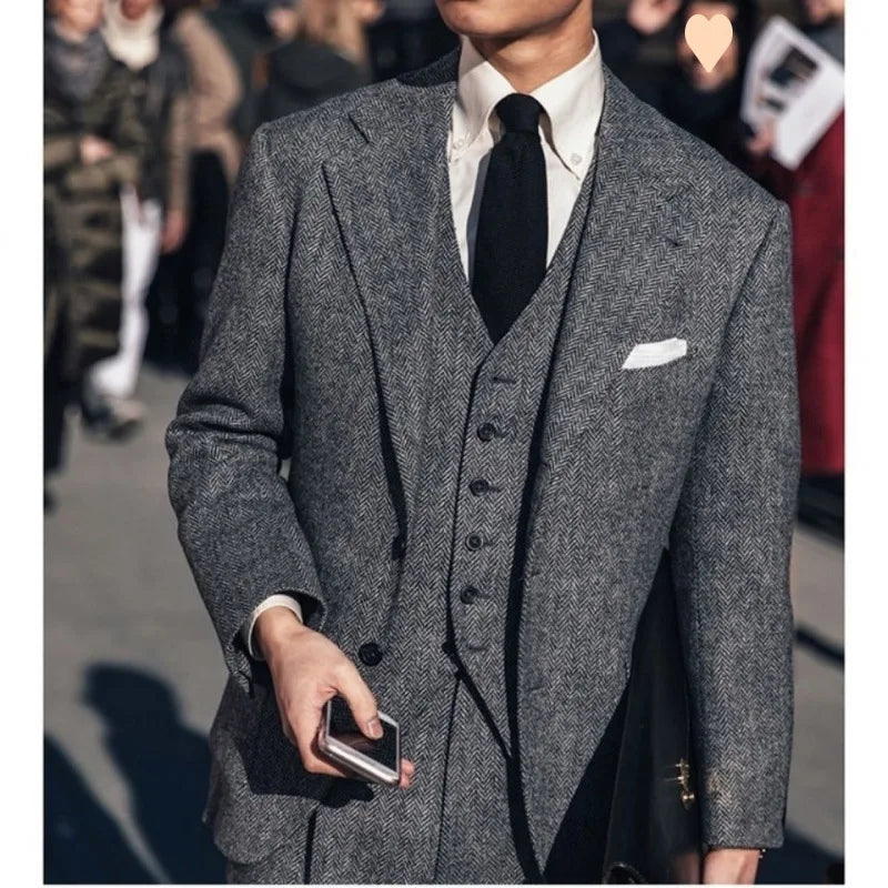 Peaky Blinders Men's 3-Piece Suit Vintage Plaid Autumn/Winter Heavyweight New Style Jacket+Vest+Pants Slim Fit Formal Suit