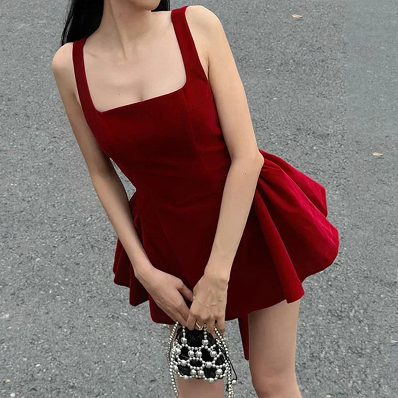Fashion Red Bowknot Mini Dress Straps Square Collar Sleeveless Backless Vintage Cute Ladies Slim Party Short A-line Dresses