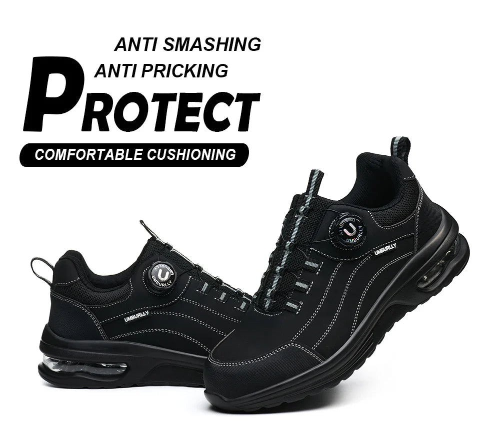 Men's Steel Toe Safety Work Boots Puncture Resistant Kevlar Midsole Air Cushioned Black Button Style Industrial Construction