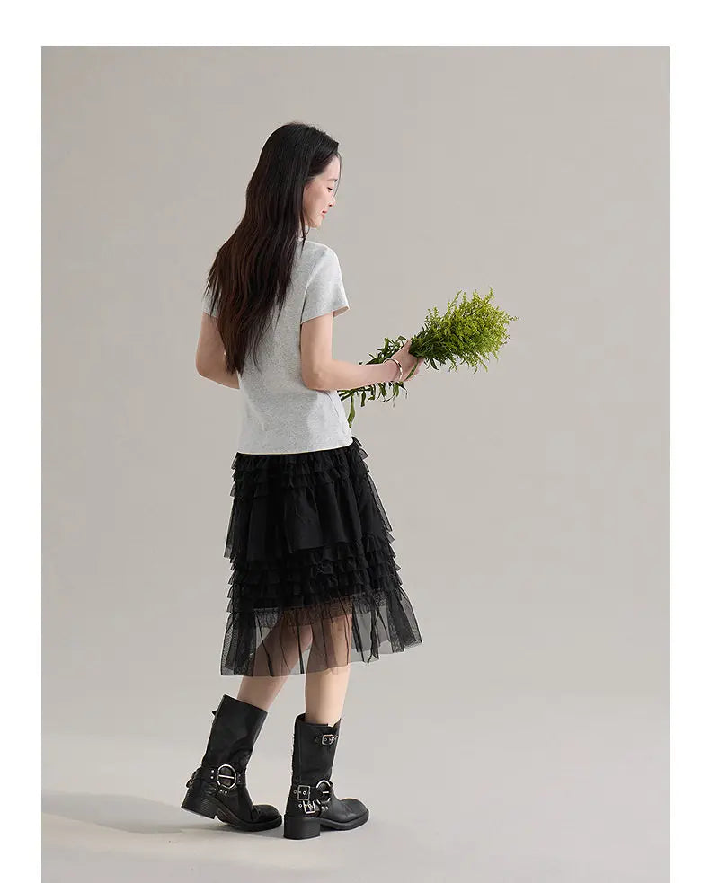 Korean Style Lace Elastic Waist Cake Skirt Mesh Puffy Skirt Women's Dress Knee Length Casual A-Line Skirt Micro Stretch No Slit