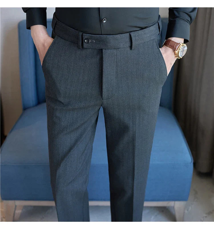 Men's Wool Blend Dress Pants, Elastic Waist Business Trousers, Tapered Slim Fit, Charcoal Gray Black Navy