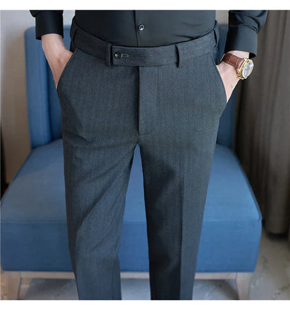 Men's Wool Blend Dress Pants, Elastic Waist Business Trousers, Tapered Slim Fit, Charcoal Gray Black Navy
