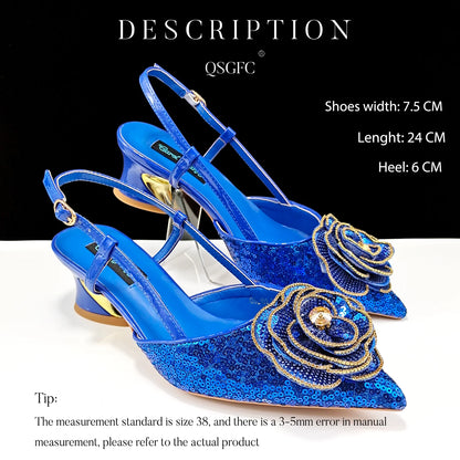 New Arrival Fashion Flower Design Party Wedding Royal Blue Color Pointed Toe Women Shoes and Bag Set Decorated With Rhinestone