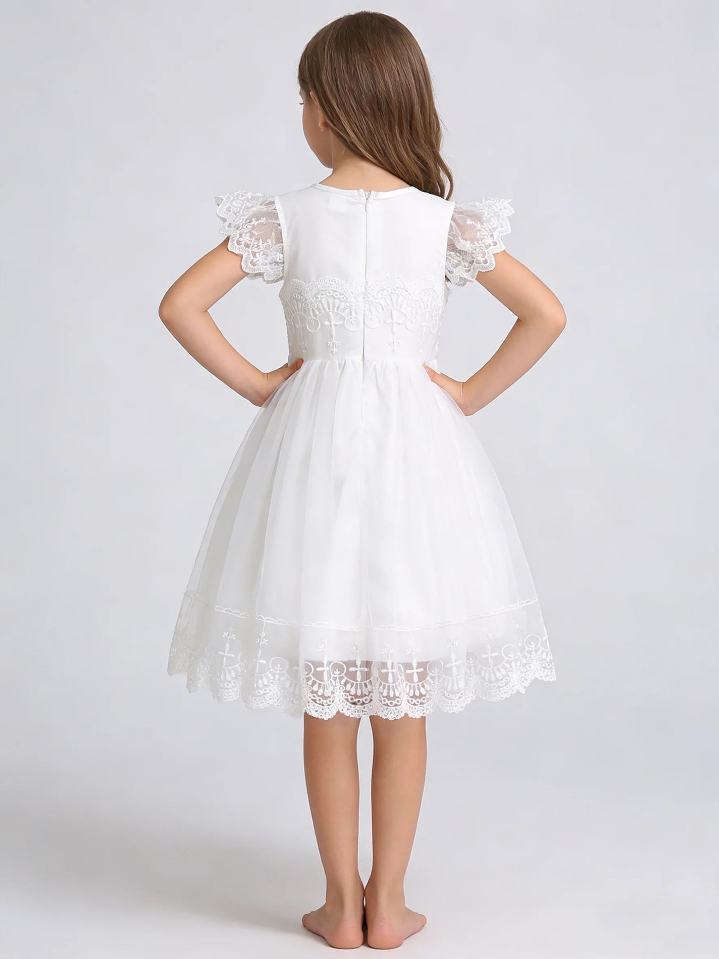 Summer Girls Sweet And Cute Flying Sleeves Solid Color Lace Princess Dress Fashionable Casual Dress