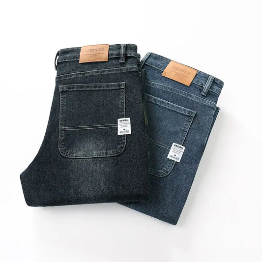 Men's Spring Autumn Soft Baggy Jeans Casual Straight Stretch Wide-Leg Business Denim Pants Versatile Comfortable Loose Trousers