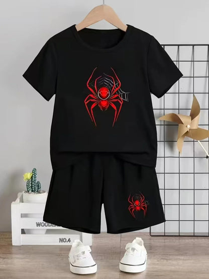 Children's Summer Set - Short-Sleeved Shorts Spider Print T-Shirt. Perfect Daily Wear Versatile Occasions. Ideal Birthday Gift