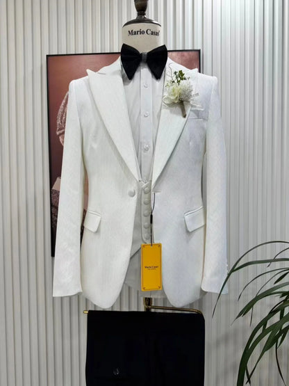 New Popular White Man Suits 3 Pieces For Formal Occasion Peak Lapel Men's Tuxedo Wedding Party Wear Jacquard Suit Set For Men