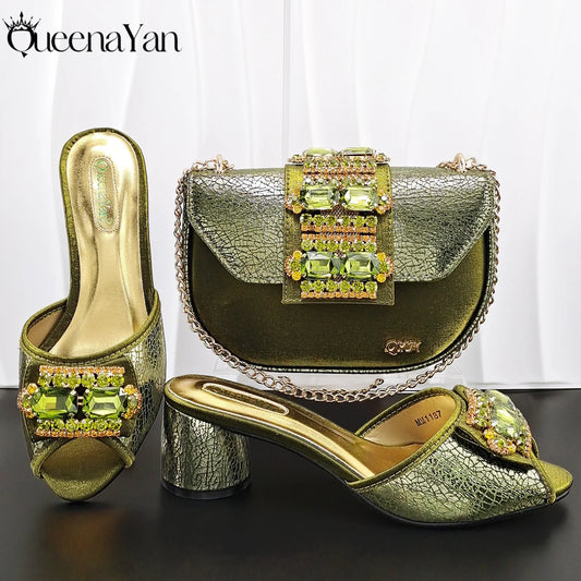 Newest Italian Design Fashion Comfortable Olive Color Peep Toe Party Wedding or Work Women's High Heels with Diamond Oval Bag
