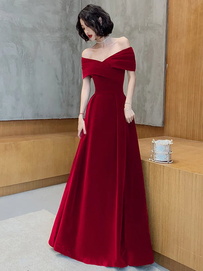 Spring Long Luxury Elegant Wine Red Soft Velvet Evening Party Wedding Dresses for Women 2022 Off Shoulder Maxi Dress