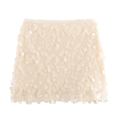 Women Spring Autumn Chic Mini Skirts Fashion With Sequined Solid Side Zipper Short Skirt Female Vintage High Waist Skirt
