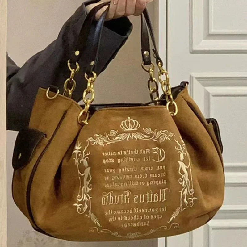 Bolsa Tote Feminina Rosa Vintage Y2K Gótica Estética Grande Capacidade Bordado Letra Retrô Corrente Grunge Viagem Ombro