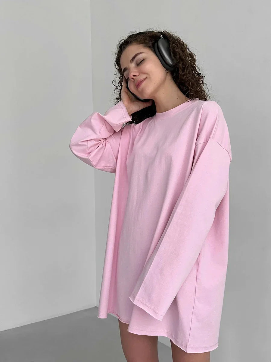 Women Summer 100% Cotton T-shirt Bottoming Spring Basic Fashionable Solid Lady Long Sleeve Loose Tops Shirts