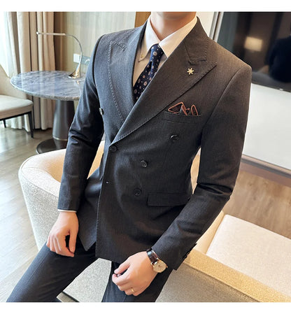 (Jackets+Pants) Luxury Double Breasted Design Slim Fit Suit High Quality Fashion Men's Wedding Social Suit Tuxedo 2 Piece Set